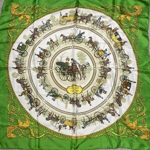 Authentic HERMES "LA PROMENADE DE LONGCHAMPS" Green 100% Silk Scarf